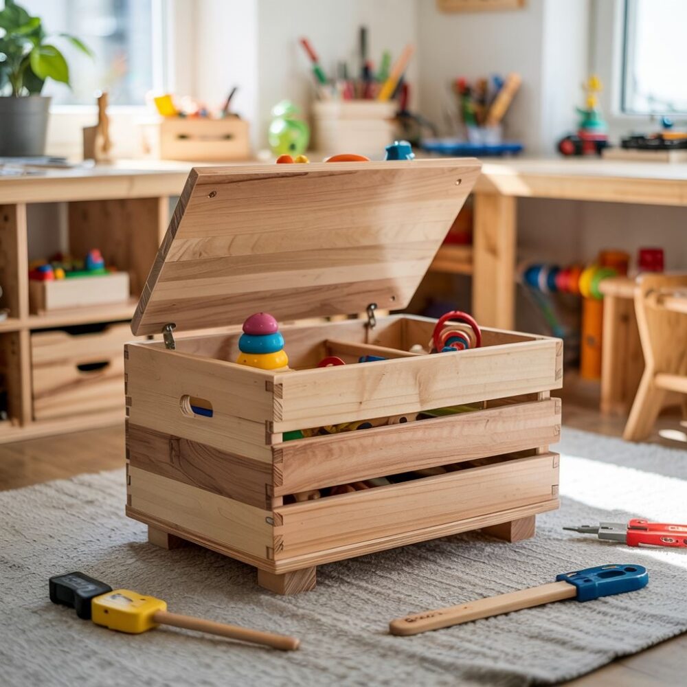 drewniana skrzynka na zabawki