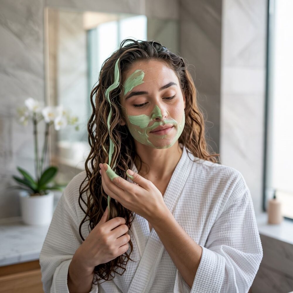 kobieta z maską na włosach