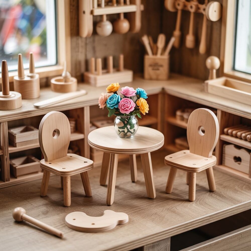 miniaturowy stolik z drewna