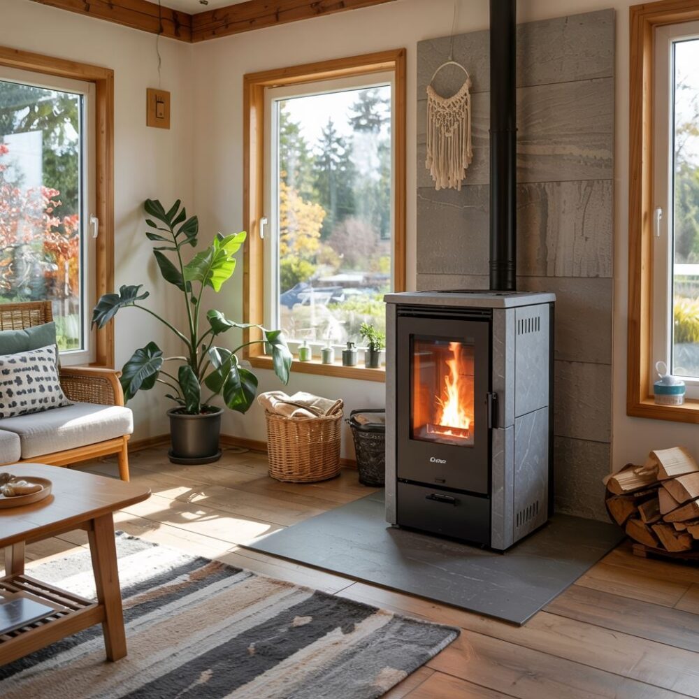 piec na pellet w salonie