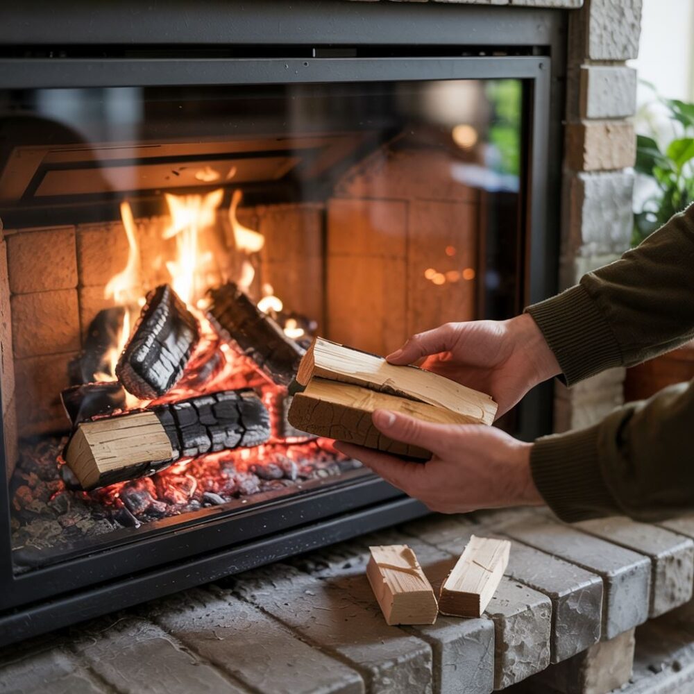 układanie brykietu w kominku